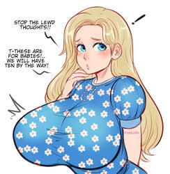 ! 1girls 2021 2d artist_name baby_crazy bare_arms blonde_hair blue_dress blue_eyes blush breasts busty clothed clothing dress embarrassed english_text female female_only floral_print highres huge_breasts innocent light-skinned_female light_skin long_hair looking_away massive_breasts meme pale-skinned_female pale_skin pinkkoffin puffy_sleeves simple_background solid_color_background solo speech_bubble standing straining_clothing text tight_clothing tight_dress tradwife watermark white_background wholesome wife wojak_comics