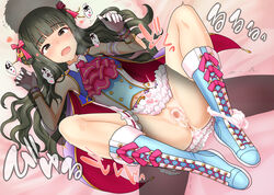 1boy anus ass black_hair blush boots bow bracelet brown_eyes censored clothed_sex commission cum cum_in_pussy cumdrip eyebrows eyebrows_visible_through_hair female fujii_tomo gloves hair_ornament hairbow happy_sex holding idolmaster idolmaster_cinderella_girls jewelry knees long_hair mosaic_censoring navel open_mouth panties panties_around_one_leg pussy saliva sex skeb_commission skirt spread_legs straight sweat tears underwear urokozuki vaginal_penetration