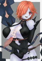 1girls after_paizuri bare_thighs censored cum cum_between_breasts cum_bridge cum_on_breasts ejaculation_between_breasts fire_emblem fire_emblem:_three_houses hair_over_one_eye huge_breasts knife kronya_(fire_emblem) medium_hair nintendo open_mouth open_smile orange_hair paizuri partially_visible_vulva red_eyes roaamuje sideboob smile solo_female solo_focus straight weapon