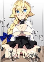 1boy 1girls 2021 :o ? arc_system_works arms_behind_back bangs bar_censor big_eyes black_skirt black_thighhighs blank_expression blazblue blonde_hair blue_bow blue_eyes bow bow_in_hair braided_hair breasts censored censored_penis cleavage cowgirl_position creampie cum cum_in_hair cum_in_pussy cum_inside cum_on_body cum_on_face cum_on_upper_body es_(xblaze) eyebrows_visible_through_hair female female_focus female_penetrated french_braid front-tie_bikini hair_between_eyes hand_on_thigh hi_res huge_breasts japanese_text large_hands large_penis long_hair male male_penetrating male_pov motion_lines ninopal no_panties open_shirt penis pov puffy_pussy riding shiny_skin short_skirt skindentation skirt sound_effects speech_bubble thick_cum thick_thighs thigh_grab thighhighs thighs underboob vagina vaginal_penetration veiny_penis white_bikini white_bikini_top white_shirt xblaze