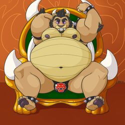 1boy 2020 bara belly black_hair black_pawpads black_speedo blue_eyes bowser_(cosplay) bulge chubby chubs chubs_the_lion fangs fat fat_man halloween lion looking_at_viewer male male_only mario_(series) moobs navel nipples overweight_male solo throne