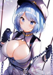 azur_lane big_breasts blue_eyes blue_hair breast_focus chains chapayev_(azur_lane) japanese_text nevo_vi_(artist) white_skin