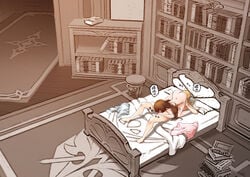 1boy 69 aether_(genshin_impact) amber_(genshin_impact) bed bed_sheet bedroom blonde_hair book book_stack bookshelf brown_hair female genshin_impact happy_sex highres indoors pillow royboy stool straight