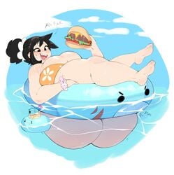 ass ass_focus big_ass big_breasts big_butt bikini blush bottom_heavy breasts bulumble-bee burger cleavage dark_hair embarrassed hair_bun huge_ass huge_breasts huge_butt hyper_ass innertube massive_ass mizuki_(bulumble-bee) open_mouth original pool_tube stuck stuck_in_object swimming swimsuit water