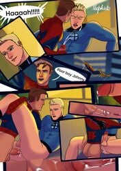 2boys abs anal anal_penetration anal_sex balls bara blonde_hair bottomless brown_hair comic cum cum_dripping_from_penis cum_in_ass cum_inside cum_on_body cum_on_face cum_while_penetrated cumshot_in_anus fantastic_four gay handjob_while_penetrating holding_penis human_torch johnny_storm legs_held_open looking_at_partner male male_only marvel mask_removed mephisto mephisto(artist) orgasm_face orgasm_from_anal pants_removed patreon pecs penis_size_difference peter_parker spider-man spider-man_(series) spread_legs thrusting_into_ass x-ray yaoi