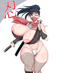 ahegao8 black_hair fundoshi huge_breasts katana mask ninja thighhighs