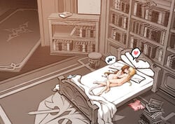 1boy 1boy1girl 1girls aether_(genshin_impact) after_sex amber_(genshin_impact) bed bed_sheet bedroom blonde_hair blush book book_stack bookshelf brown_hair closed_eyes cum cum_on_leg cum_on_lower_body cum_on_thighs female french_kiss genshin_impact happy_sex heart highres indoors kissing lying nude on_back pillow royboy stool straight thought_bubble wholesome