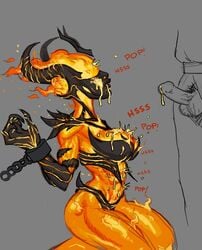 abs athletic athletic_female bethesda_softworks bound chains cum cum_on_breasts cumshot elemental_creature elemental_humanoid fire fire_elemental fire_humanoid flame_atronach hands_tied humanoid partial_male pyro skyrim tagme the_elder_scrolls