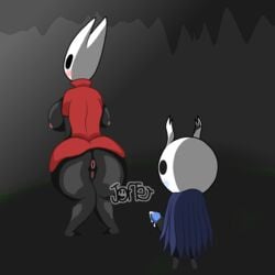 1boy 1girls ant anus ass big_breasts blue_cape blue_penis blush breasts bug cape cloak cum female female_focus hollow_knight hornet_(hollow_knight) jafter nipples penis pink_nipples protagonist_(hollow_knight) pussy red_cape self_upload