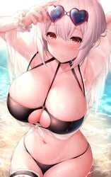 1girls azur_lane beach big_breasts bikini bikini_top black_thong detailed_background eyewear_on_head flushed light-skinned_female light_skin oyuwari royal_navy_(azur_lane) sirius_(azur_lane) sirius_(scorching-hot_seirios)_(azur_lane) square_bikini sunglasses sunglasses_on_head swimsuit swimwear thong_swimsuit wet