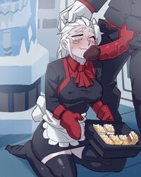 1boy 1girls apron blush clothed_female_nude_male demon demon_girl demon_horns demon_tail helltaker heppari horns justice_(helltaker) kneeling oven_mitts penis_against_face tail thighhighs white_hair wince