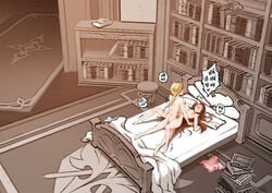 1boy aether_(genshin_impact) amber_(genshin_impact) bed bed_sheet bedroom blonde_hair book book_stack bookshelf brown_hair female genshin_impact happy_sex highres indoors pillow royboy sex stool straight