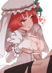 1boy :d :p bar_censor breasts censored clothed_female_nude_male cross_scar cum cum_on_body cum_on_breasts cum_on_hair deep_skin facial female flower from_side gloves hair_flower hair_ornament hat heart highres juliet_sleeves large_breasts licking_lips long_sleeves medium_hair megido72 nipples nude open_mouth paizuri penis puffy_sleeves scar scar_on_cheek scar_on_face simple_background smile solomon_(megido72) spoken_heart straight sumiyao_(amam) tattoo tongue tongue_out trembling veil white_background white_gloves yellow_eyes zepar_(megido72)