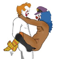 against_wall bite_marks blue_eyes blue_hair chubby_male clown clown_makeup dr_rockso gay_sex it male/male metalocalypse penetration pennywise pounding stephen_king sweat ugly_feet