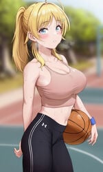 1girls absurdres big_breasts breasts chagama_teishoku cleavage female female_only hachimiya_meguru highres idolmaster idolmaster_shiny_colors large_breasts looking_at_viewer solo sportswear sweat