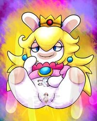 1girls anthro anthro_only biting_lip blonde_hair blue_eyes brooch clothing crown cum dragonkid45 earrings female female_only half-closed_eyes long_hair mario_(series) mario_+_rabbids mario_+_rabbids:_kingdom_battle phone presenting princess_peach_(cosplay) puffy_short_sleeves pussy pussy_juice rabbid rabbid_peach rabbit raving_rabbids