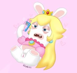 1girls anthro anthro_only blonde_hair blue_eyes blush brooch clothing crown earrings female female_only fingering half-closed_eyes long_hair mario_(series) mario_+_rabbids mario_+_rabbids:_kingdom_battle masturbation nikumeats open_mouth princess_peach_(cosplay) puffy_short_sleeves pussy pussy_juice rabbid rabbid_peach rabbit raving_rabbids solo vagina