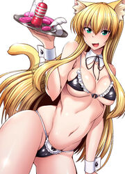 animal_ears bikini black_bikini blonde_hair blush breasts cat_ears cat_tail cleavage dildo fangs green_eyes lube nokoppa original sex_toy tagme tail tenga vibrator