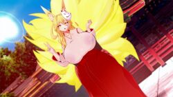 1girls 3d alternate_hairstyle animal_ears blonde_hair fox_ears fox_girl fox_mask fox_tail fox_tails hakama hakama_skirt hirume_of_heavenly_incense huge_breasts koikatsu last_origin miko multiple_tails nipple_bulge outdoors shrine shrine_maiden visible_nipples yellow_eyes