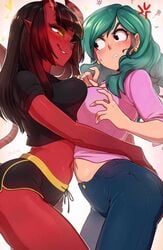 2girls angry ass ass_grab athletic_wear big_breasts black_shorts booty_shorts breast_comparison breast_press breasts demon demon_girl demon_horns demon_tail erica_(skuddbutt) female female_only green_hair horns medium_breasts meru_(merunyaa) merunyaa original original_character red_skin sports_bra straight_hair succubus succubus_horns succubus_tail symmetrical_docking yuri