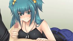 1boy aqua_hair bangs bell belt black_belt black_shirt blue_pants breasts censored cleavage closed_mouth clothing collarbone cui_yifei eyebrows_visible_through_hair female game_cg green_eyes hair_bell hair_between_eyes hair_ornament handjob large_breasts long_hair medium_breasts mosaic_censoring muv-luv muvluv muvluv_alternative muvluv_alternative_strike_frontier official_art pants penis shiny shiny_hair shirt sideboob sleeveless sleeveless_shirt smile solo_focus spaghetti_strap straight two_side_up