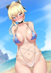 1girls 2021 areola_slip areolae arms_behind_back ass_visible_through_thighs beach belly_button bikini black_choker blonde_hair blue_bikini_top blue_eyes blue_sky blush blushing_at_viewer bow bow_in_hair breasts cameltoe choker dearonnus detailed_background female female_focus female_only genshin_impact hips jean_gunnhildr large_areolae large_breasts long_hair long_ponytail looking_at_viewer micro_bikini mondstadt_girls ocean outdoors ponytail sideboob slim_waist smile smiling_at_viewer string_bikini swimsuit thick_thighs thigh_gap thighs underboob water white_bikini_bottom wide_hips