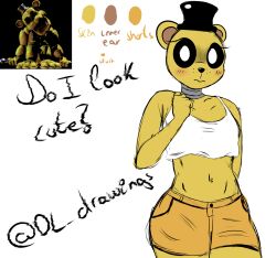 animatronic anthro black_nose blush breasts brown_inner_ear clothed clothing desesperadoleon english_text eyelashes female five_nights_at_freddy's golden_freddy_(fnaf) hat headgear headwear hi_res looking_aside machine mammal pupils robot rule_63 scottgames shy solo text ursid ursine video_games white_pupils yellow_body