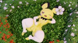 3d_(artwork) adynamical anthro anthrofied blender_(software) flower fur furry furry_only gloves grass laying_down looking_at_viewer lying lying_on_back male male_only masturbation nintendo penis pichu pokémon_(species) pokemon smile super_smash_bros. thick_thighs white_gloves white_legwear wink