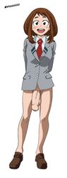 1girls 1puuuuuu futanari my_hero_academia ochako_uraraka school_uniform skirt_removed testicles