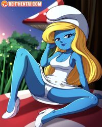 1girls background blonde_hair blue_eyes blue_skin breasts cameltoe cleavage come_hither female female_only hat high_heels large_breasts long_hair pantyshot peyo_(copyright) presenting presenting_panties reit skirt smurfette spread_legs the_smurfs watermark white_dress