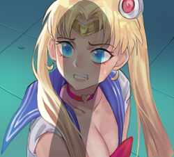 1girls bishoujo_senshi_sailor_moon blonde_hair blue_eyes blush breasts choker circlet cleavage clothing collarbone crescent crescent_earrings derivative_work earrings eyebrows_visible_through_hair faceless_male female female_focus heart heart_choker highres jewelry lan_xiezi large_breasts long_hair meme penis_shadow red_choker red_neckwear sailor_moon sailor_moon_redraw_challenge screencap_redraw silhouette sleeves_rolled_up solo solo_female solo_focus sweat teeth tile_floor tiles twintails upper_body usagi_tsukino wavy_mouth wide-eyed