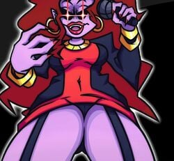 1girls clothes demon down_angle dress female female_only friday_night_funkin half-human half_demon holding_object humanoid long_hair medium_breasts milf mommy_mearest open_mouth panties_showing purple_skin red_hair size_difference solo toony