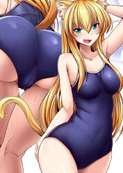 animal_ears ass blonde_hair blush cameltoe cat_ears cat_tail green_eyes nokoppa one-piece_swimsuit original standing sweat swimsuit tagme tail thighs trefoil wet