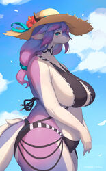 1girls anthro bikini blue_eyes countershading curvy dragon dragon_ears dragon_horns dragon_tail female female_only hat hi_res horns lanya_(lcshian) lcshian light_blush long_hair original original_character purple_hair side_view sideboob sky_background slightly_chubby slit_pupils solo solo_female summer tail thick_thighs tied_hair