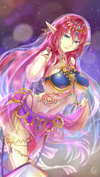 absurdres blue_eyes breasts chains clothing crescent dancer earrings facial_tattoo gem hair_ornament highres jewelry large_breasts long_hair looking_at_viewer midriff myuria_tionysus navel necklace pink_hair pointy_ears revealing_clothes see-through skirt smile star_ocean star_ocean_the_last_hope tattoo underboob veil