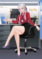 1girls alternate_breast_size bangs blush breasts chungmechanic collared_shirt contemporary crossed_legs edelgard_von_hresvelg female fire_emblem fire_emblem:_three_houses formal fully_clothed gloves hair_ornament high_heels highres large_breasts long_hair looking_at_viewer mature_female nintendo office office_lady pencil_skirt purple_eyes ribbon shirt skirt skirt_suit solo solo_female suit watermark white_hair