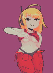 blonde_hair cave_story covered_nipples curly_brace ghostytuff lifting_shirt looking_at_viewer robot shirt_lift sommynsfw tease