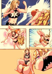 2021 2girls antares blonde_hair blue_background blue_eyes catfight clothed clothing comic crossover elrincodneusagi facesitting female fight heart-shaped_pupils human long_hair open_mouth parahumans pink_eyes rwby sports_bra sweat victoria_dallon white_skin wildbow wrestling wrestling_outfit wrestling_ring yang_xiao_long yellow_background yuri