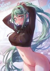 1girls bangs bottomless female female_only green_eyes green_hair gym hairband long_hair looking_at_viewer mitsu_art navel nintendo partially_clothed pneuma ponytail pussy uncensored very_long_hair xenoblade_(series) xenoblade_chronicles_2