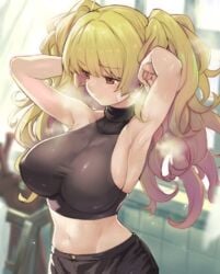 armpits blonde_hair crop_top female granblue_fantasy kztk monika_weisswind navel steam sweat tummy