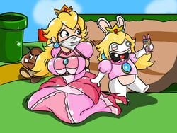 2girls bondage breasts captured damsel_in_distress fully_clothed goomba mario_(series) mario_+_rabbids mario_+_rabbids:_kingdom_battle nintendo phone princess_peach rabbid rabbid_peach raving_rabbids selfie