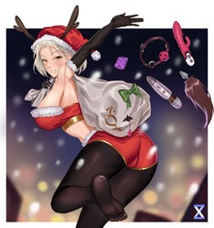 absurdres anal_tail antlers antlers_through_headwear arm_up armpits ball_gag bare_shoulders blonde_hair blurry blurry_background border bow cameltoe christmas condom condom_wrapper dildo fake_tail female fur-trimmed_gloves fur-trimmed_headwear fur_trim gag gloves green_bow hat highres hitachi_magic_wand holding holding_sack lan_xiezi legs no_shoes orange_eyes original outdoors over_shoulder pantyhose parted_lips platinum_blonde_hair red_headwear sack santa_costume santa_hat sex_toy signature smile snow snowing solo tail torn torn_sack vibrator white_border