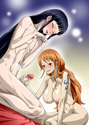 1boy 1girls censored censored_penis erection female femboy grabbing_penis handjob kikunojo large_breasts larger_femboy light-skinned_female light_skin long_hair long_hair_female male nami nel-zel_formula nipples nude nude_female one_piece orange_eyes orange_hair pleasure_face post-timeskip shounen_jump size_difference smile sweat very_long_hair