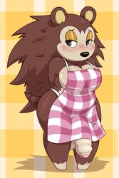 animal_crossing apron apron_only ass big_ass big_breasts blush breasts brown_eyes brown_fur brown_hair bulge checkered checkered_apron checkered_topwear colored_sketch denzeltip foreskin furry futa_only futanari hedgehog nintendo penis penis_under_apron penis_under_clothes sable_able solo tail thick_thighs