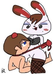 1boy 1girls 2018 animal_crossing brown_hair cum_in_pussy femdom fishnets klutzatdusk nintendo rabbit tiffany_(animal_crossing) villager_(animal_crossing) white_fur