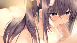 1boy bangs black_ribbon blue_eyes blush breasts brown_hair censored cleavage completely_nude fellatio female game_cg hair_between_eyes hair_ribbon head_grab jk_imouto. long_hair medium_breasts mosaic_censoring nude oral penis ribbon shiny_skin solo_focus straight sweatdrop testicles tonomiya_tsumugi twintails very_long_hair yoppy