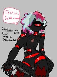 anthro dark_skin exoskeleton masturbating masturbation multi_eye multi_mouth oc red_eyes see-through_hair tail