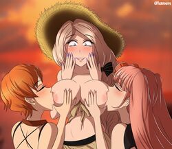 3girls alternate_costume bare_shoulders bikini blonde_hair blue_eyes blush breast_grab breast_sucking breasts breasts_out brown_bikini brown_swimsuit closed_eyes double_breast_sucking female_only female_pervert fff_threesome fire_emblem fire_emblem:_three_houses fire_emblem_heroes glazinbuns grin hair_over_shoulder happy hilda_valentine_goneril hilda_valentine_goneril_(summer) large_breasts leonie_pinelli leonie_pinelli_(summer) long_hair mercedes_von_martritz mercedes_von_martritz_(summer) multiple_girls nail_polish nintendo orange_hair pink_hair purple_nails short_hair side_ponytail smile sun_hat sunglasses sunglasses_on_head sweat sweatdrop swimsuit threesome twintails yellow_bikini yellow_swimsuit yuri