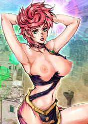 1girls areolae armpits arms_behind_head arms_up artist_name bare_shoulders belly bra breasts breasts_out building complex_background damaged damaged_clothes female female_focus female_only green_eyes half-dressed house jojo's_bizarre_adventure large_breasts lense_flare light looking_at_viewer midriff navel nipples one_leg_up oyaman pink_hair posing red_lips sexy_armpits shine solo solo_female solo_focus stomach tagme thighs torn_bra torn_clothes torn_clothing torn_skirt torn_topwear trish_una twitter_username vento_aureo