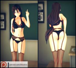 1girls 3d asian asian_female ass black_bra black_panties black_thong boruto:_naruto_next_generations bra brown_hair brown_skin classroom clothed clothing female female_focus female_only glasses hyuuga_hanabi indoors koikatsu legwear lingerie looking_at_viewer medium_breasts naruto naruto_(series) otsukira panties pinup ponytail pose posing purple_eyes revealing_clothes shounen_jump solo solo_female solo_focus standing stockings tan_skin teacher thighhighs thong tied_hair underwear